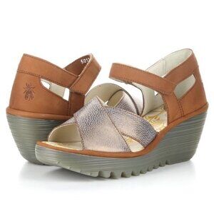 Fly London Yent Ankle Strap Open Toe Wedge Sandal Hook Loop Leather